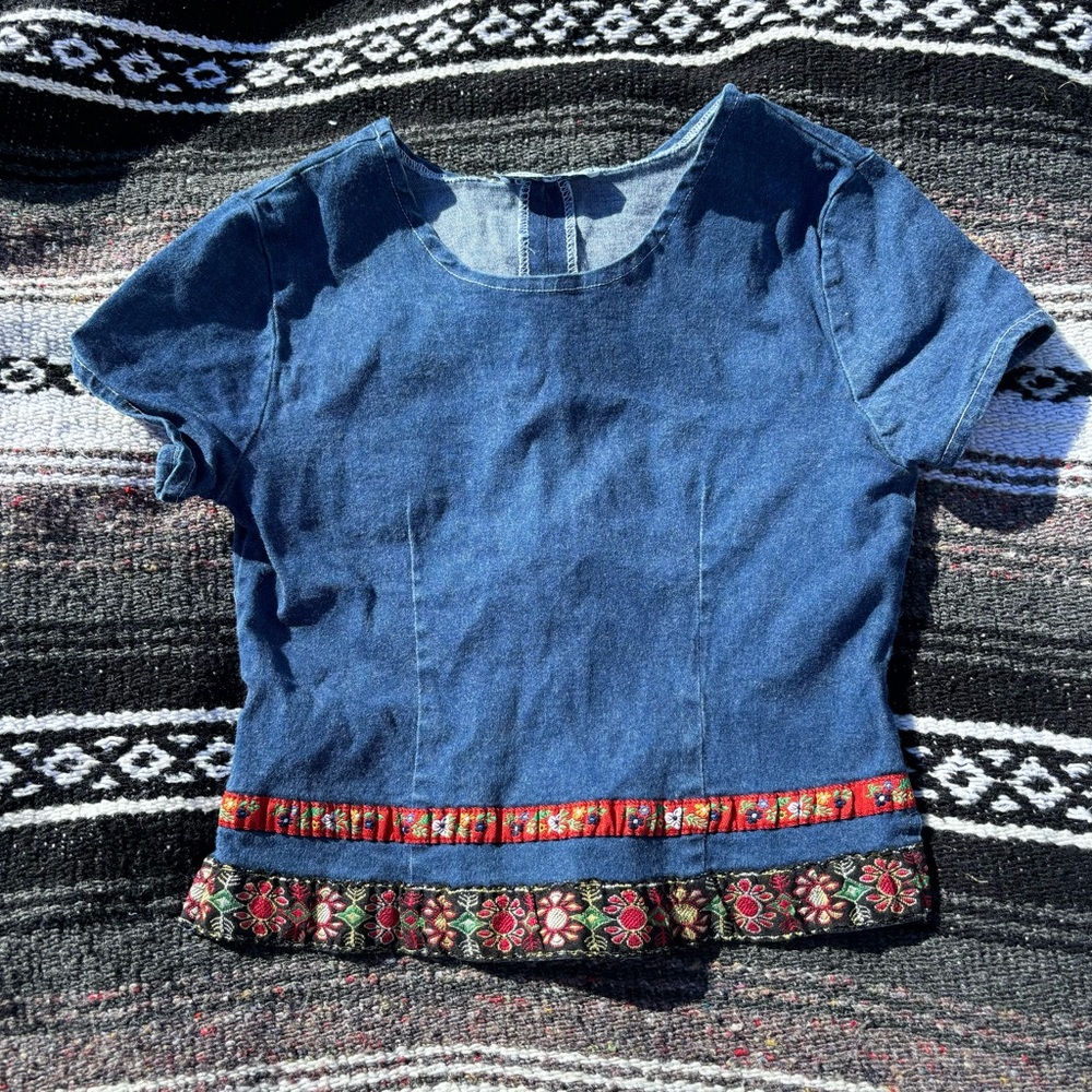 VTG Y2K JONATHAN MARTIN DENIM FLORAL RIBBON TRIM SHIRT SIZE 12 GIRLS